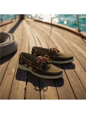 Sperry Top Sider camouflage print leather slip on deck boat shoes size 6 1/2